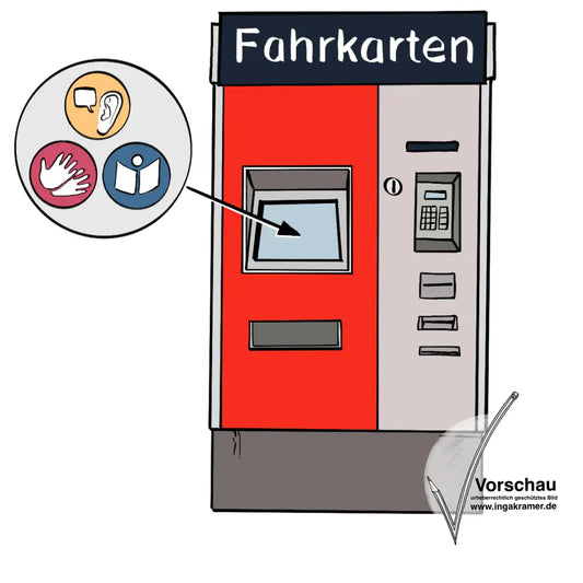 Ein Fahrkahrtenautomat, daneben ist ein Kreis mit Symbolen für Barrierfreiheit: Eine Sprechblase mit einem Ohr, zwei Hände und ein Buch.