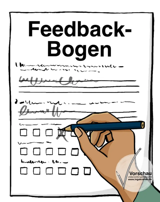 Eine Hand füllt mit einem Bleistift ein Formular aus. Die Überschrift ist: Feedbackbogen.