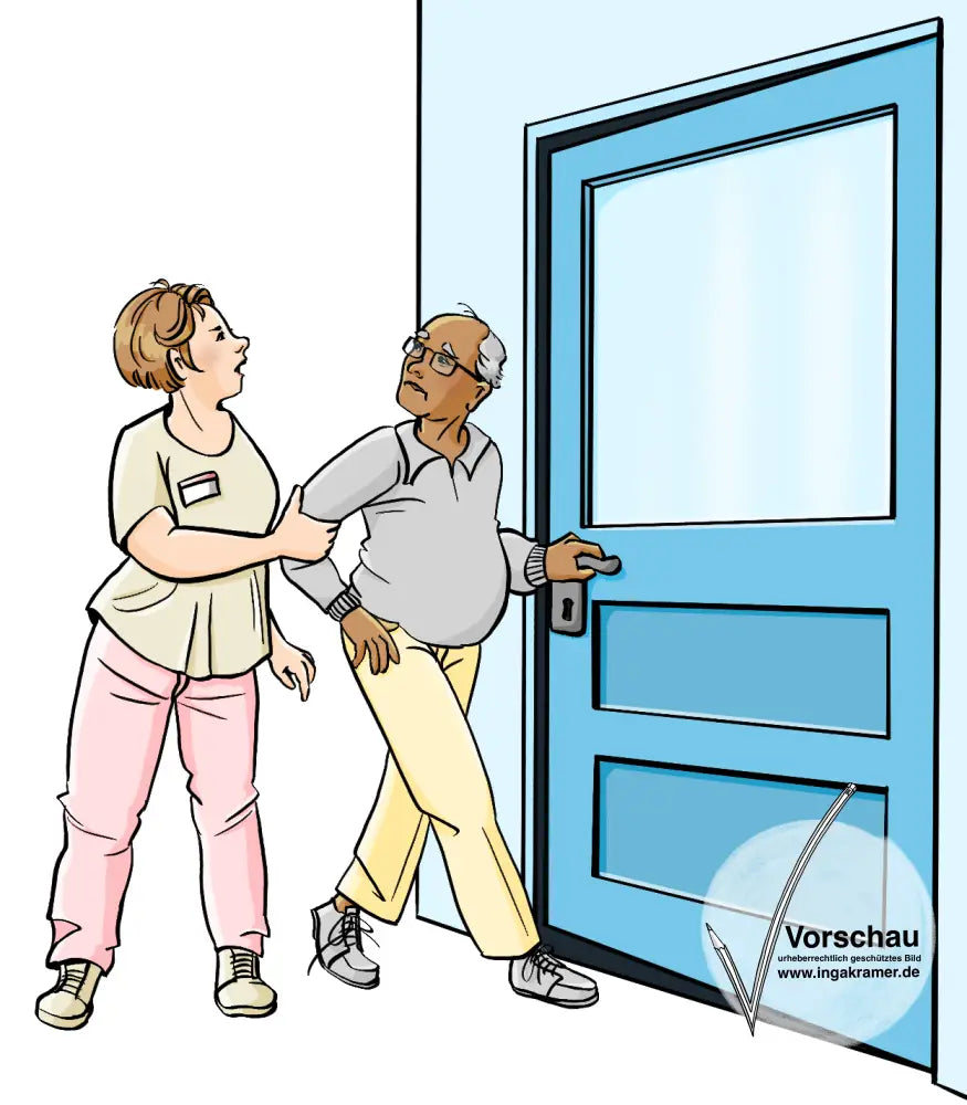 Ein älterer Mann will durch eine Tür gehen. Eine Fachkraft hält ihn am Arm fest.