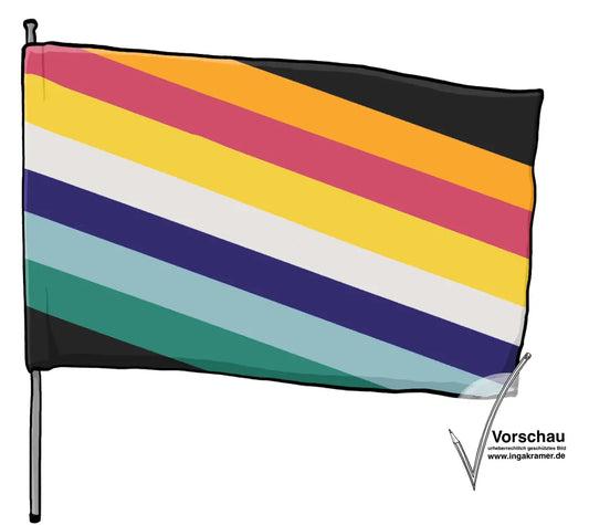 Eine Flagge mit bunten Streifen: Schwarz, orange, rot, gelb, weiß, lila, blau und grün.