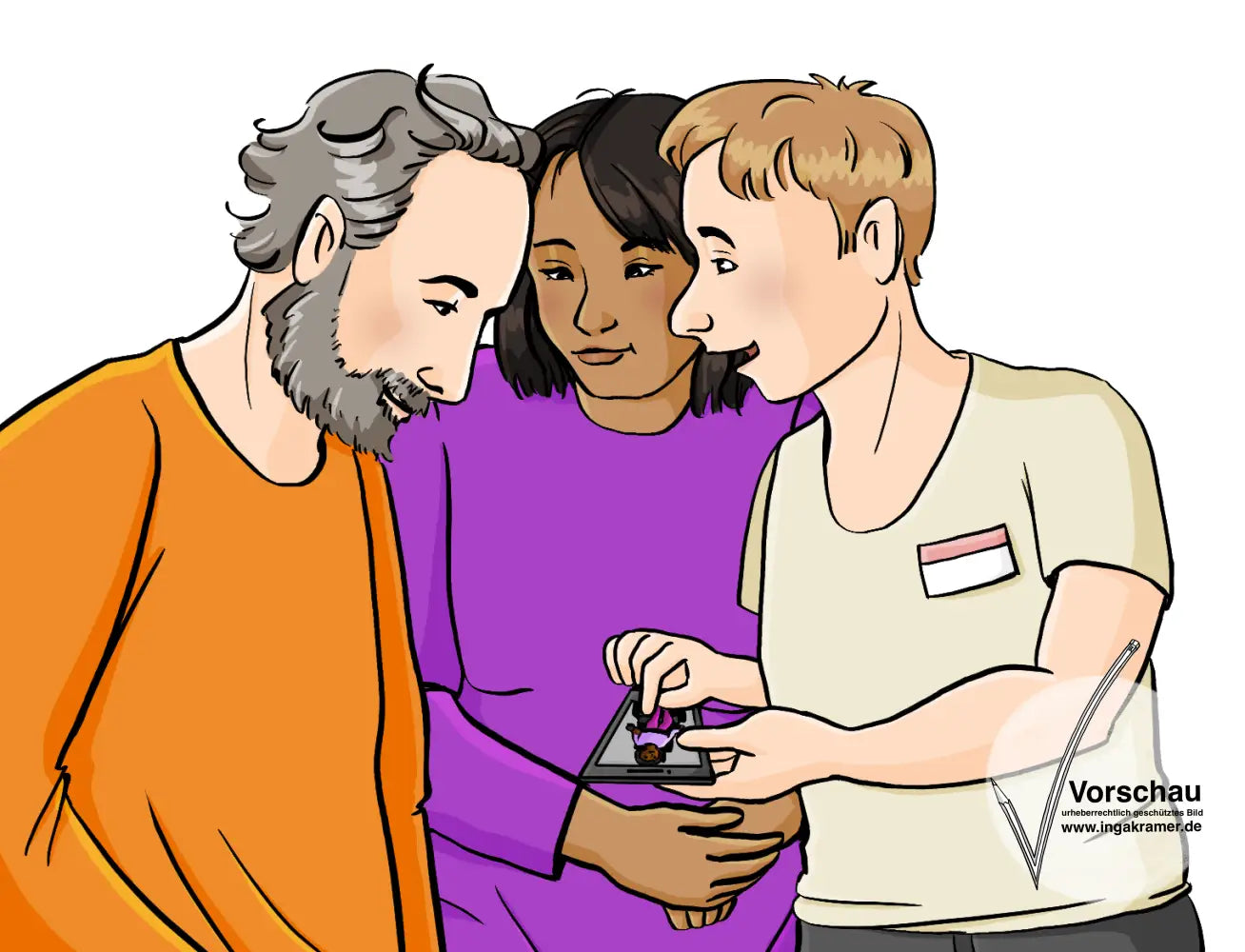 Ein Mann mit Namensschild zeigt einem Mann und einer Frau sein Handy. Auf dem Handy ist ein Bild von einer Person im Rollstuhl.