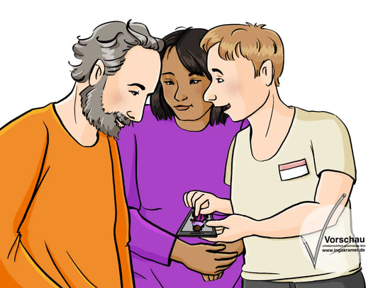 Ein Mann mit Namensschild zeigt einem Mann und einer Frau sein Handy. Auf dem Handy ist ein Bild von einer Person im Rollstuhl.