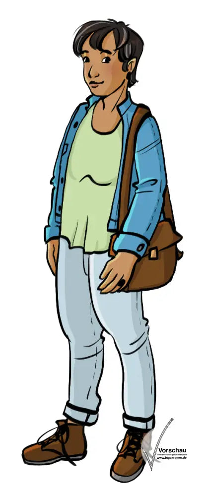 Eine Frau mit Kurzhaarfrisur, Jeansjacke und Handtasche.