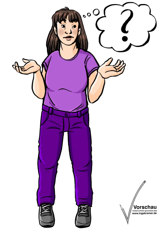 Eine Frau schaut fragend. Neben ihr ist eine Denkblase mit einem Fragezeichen.