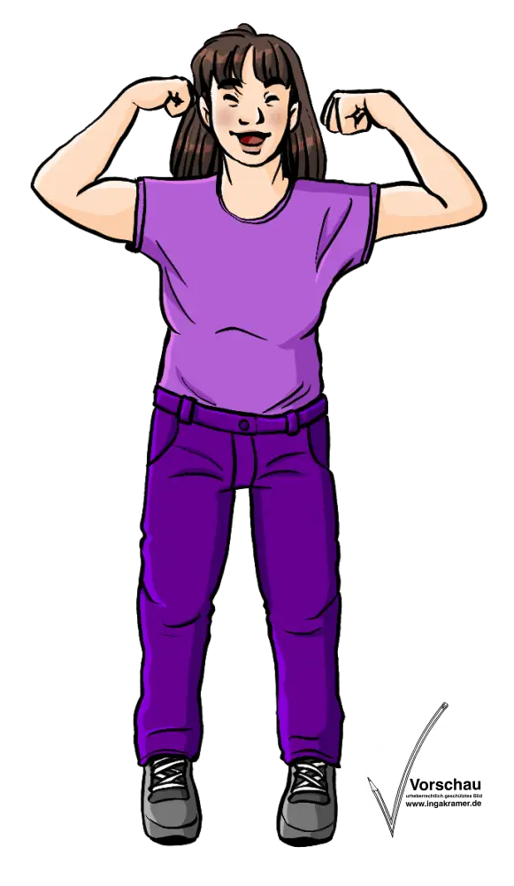 Eine Frau hebt die gebeugten Arme und zeigt ihre Muskeln.