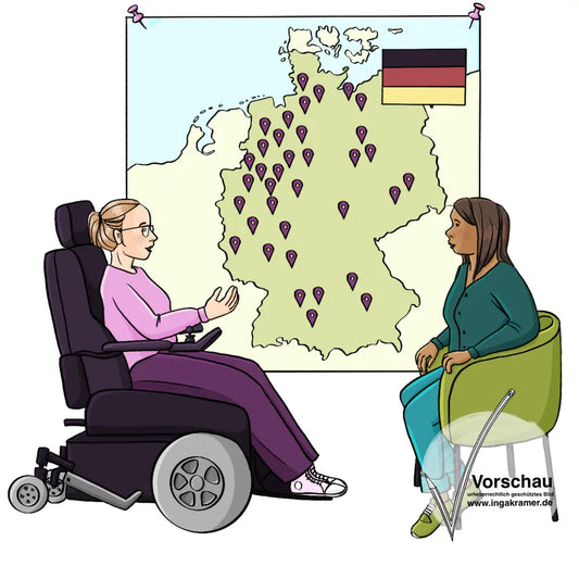 Eine Frau im Elektrorollstuhl und eine andere Frau sitzen sich gegenüber. An der Wand hängt eine große Deutschlandkarte mit vielen kleinen Markierungen.