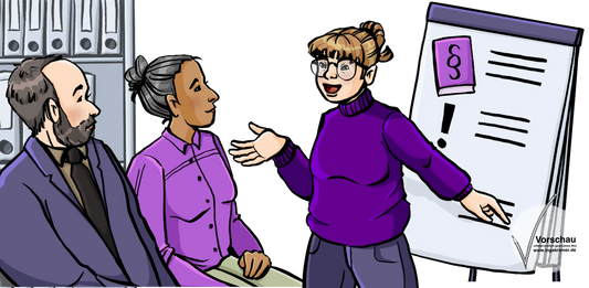 Eine Frau erklärt etwas an einer Flipchart. Ein Mann und eine Frau hören zu.