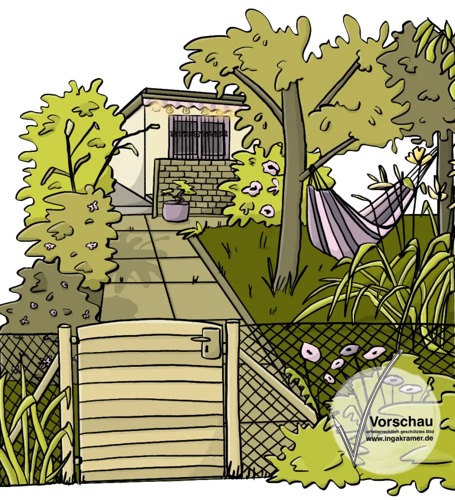 Ein Schrebergarten mit Laube.