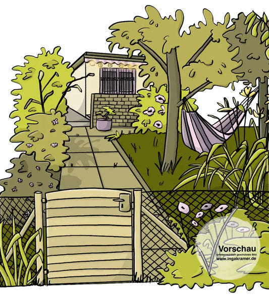 Ein Schrebergarten mit Laube.