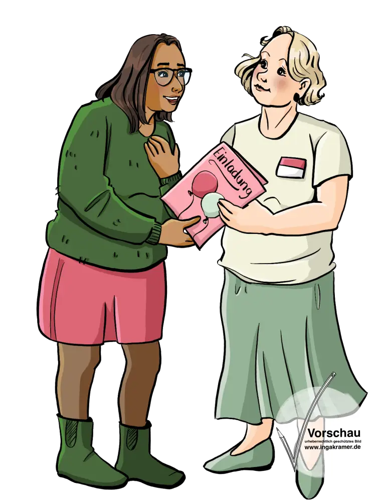 Eine Frau mit Namensschild gibt einer anderen Frau eine Einladungskarte.