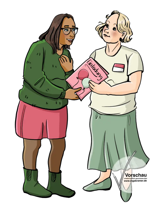 Eine Frau mit Namensschild gibt einer anderen Frau eine Einladungskarte.