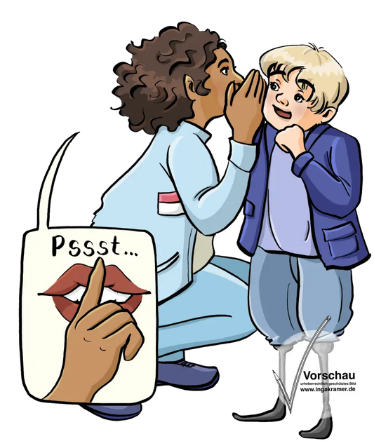 Eine Frau mit Namensschild flüstert einem Kind etwas ins Ohr. In einer Sprechblase ist ein vor den Mund gelegter Zeigefinger und der Schriftzug: Pssst.