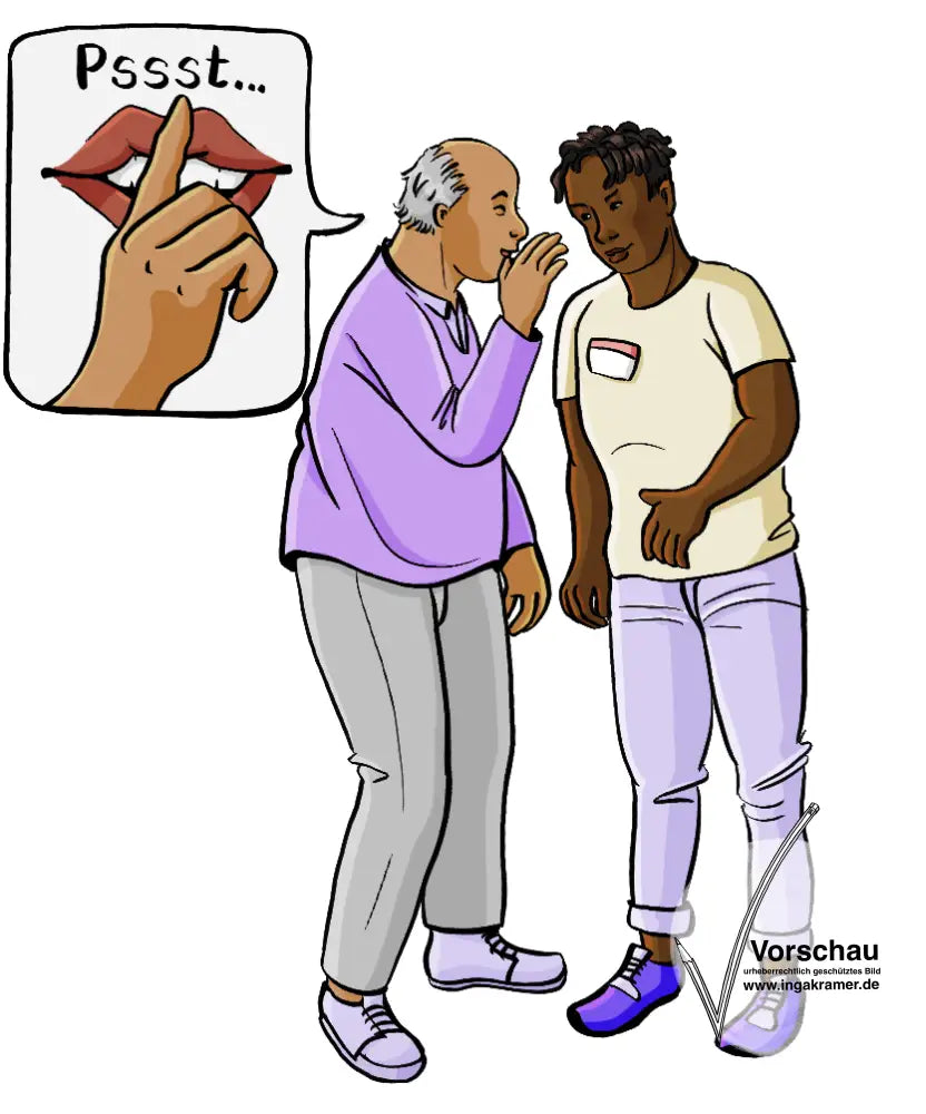 Ein älterer Mann flüstert einem Mann mit Namensschild etwas ins Ohr. In einer Sprechblase ist ein vor den Mund gelegter Zeigefinger und der Schriftzug: Pssst.