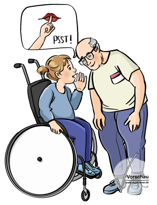EinKind flüstert einem Mann mit Namensschild etwas ins Ohr. In einer Sprechblase ist ein vor den Mund gelegter Zeigefinger und der Schriftzug: Pssst.