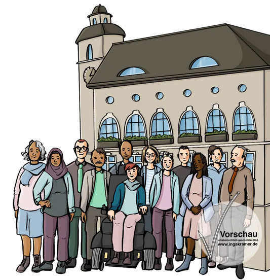 Eine Gruppe Menschen in förmlicher Kleidung vor einem Rathaus.