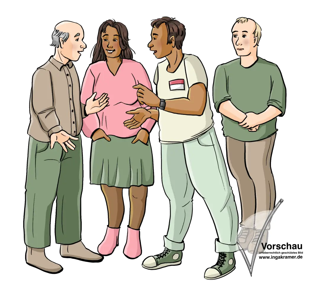 Ein Mann und eine Frau sprechen mit einer Fachkraft. Ein anderer Mann steht daneben und guckt traurig.