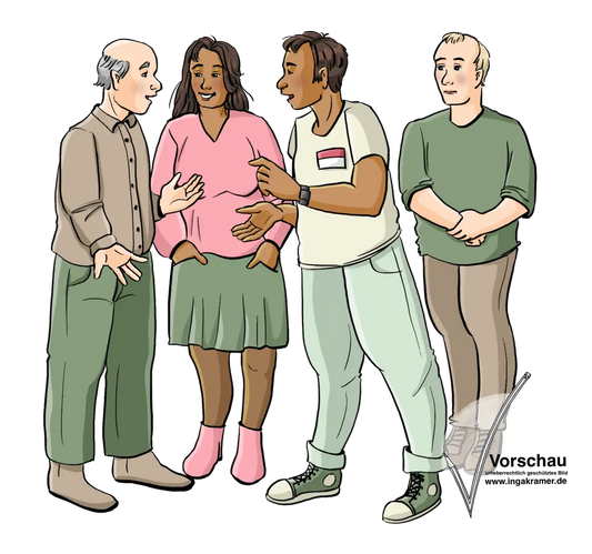 Ein Mann und eine Frau sprechen mit einer Fachkraft. Ein anderer Mann steht daneben und guckt traurig.