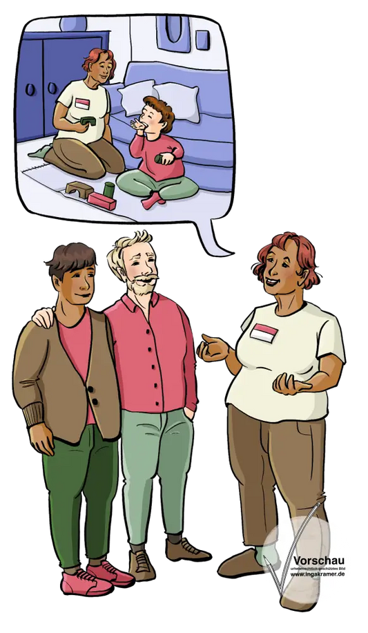 Eine Frau mit Namensschild redet mit zwei Männern. In einer Sprechblase ist ein zweites Bild: Die Frau sitzt mit einem Kleinkind auf dem Boden. Das Kind spielt mit Bauklötzen.