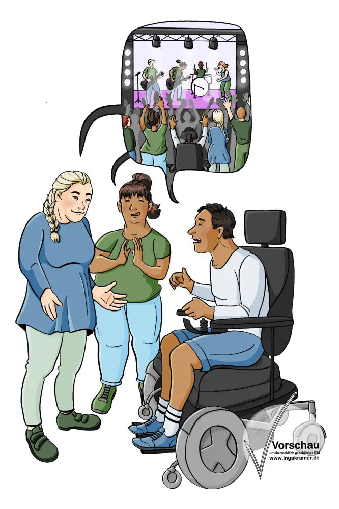 Drei Personen stehen im Kreis und reden. Eine hat das Downsyndrom, einer sitzt im Rollstuhl. Über Ihnen ist eine Sprechblase mit einer Band auf einer Bühne und Publikum.