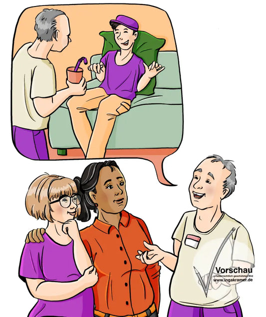 Ein Mann mit Namensschild redet mit zwei Frauen. In einer Sprechblase ist ein zweites Bild: Der Mann trägt einen Becher mit Strohalm zu einem Sofa. Dort sitzt ein junger Mann mit einer Spastik.