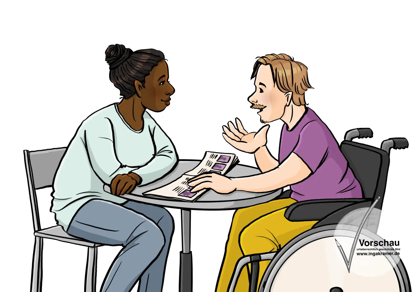 Ein Mann im Rollstuhl und eine Frau sitzen am Tisch und reden. Auf dem Tisch liegt ein Heft.