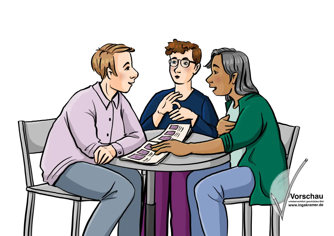 Eine Frau, ein Mann und eine Gebärdensprachdolmetscherin sitzen an einem Tisch. Auf dem Tisch liegt ein Heft.