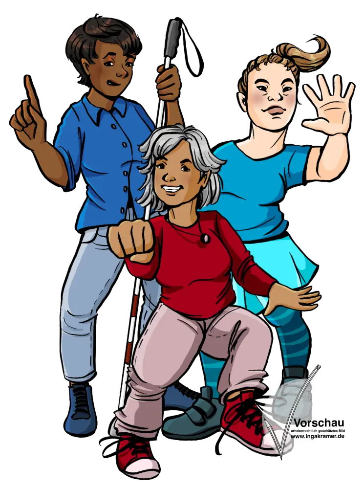 Drei Frauen mit Behinderungen in starken posen: Eine streckt die Hand nach vorne, eine die Faust, eine hebt den Zeigefinger.