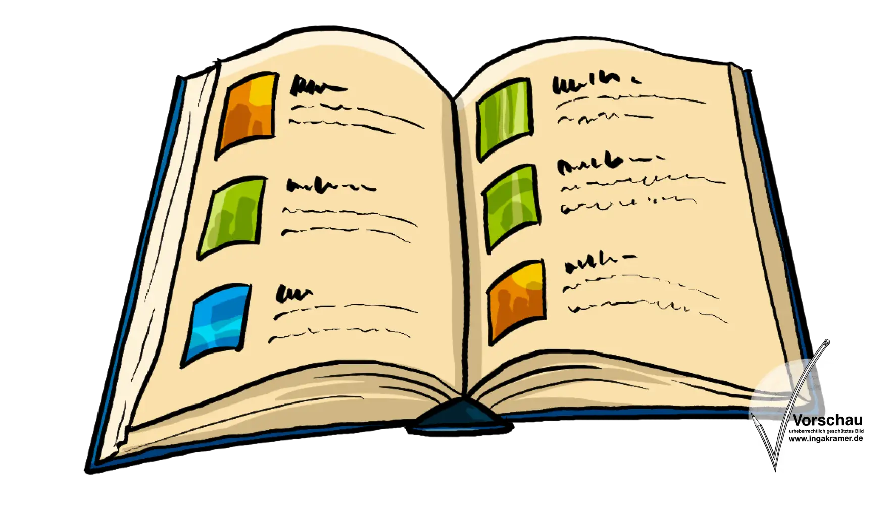 Ein dickes Buch mit angedeuteten Bildern und Schrift.