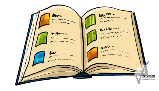 Ein dickes Buch mit angedeuteten Bildern und Schrift.