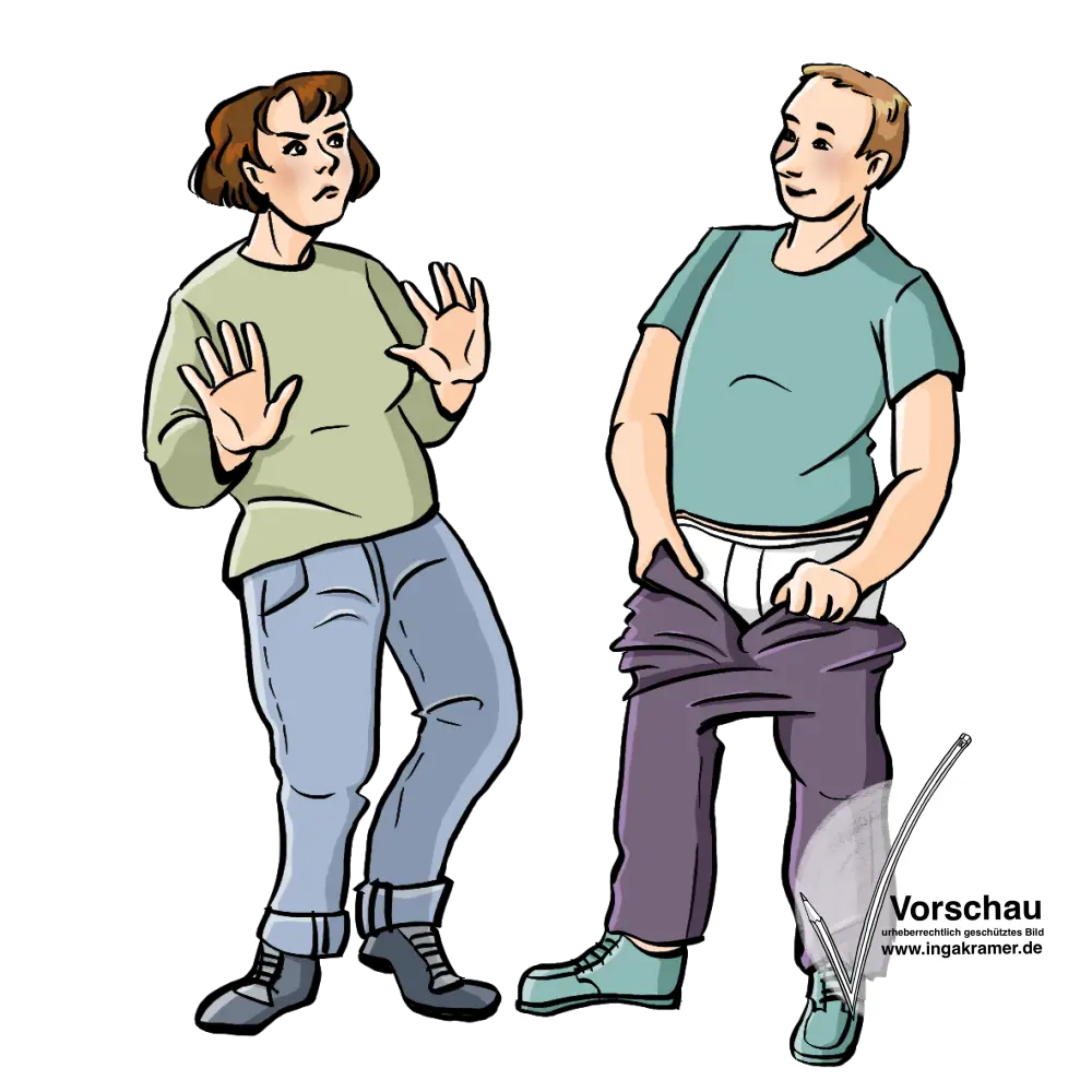 Eine Mann und eine Frau. Der Mann zieht sich die Hose herunter. Die Frau macht eine abwehrende Geste.