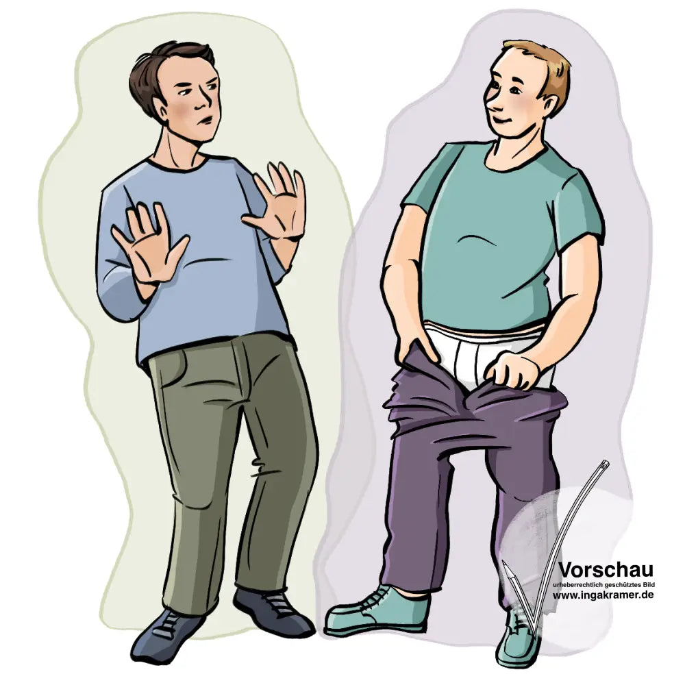 Zwei Männer. Ein Mann zieht sich die Hose herunter. Der andere Mann macht eine abwehrende Geste.