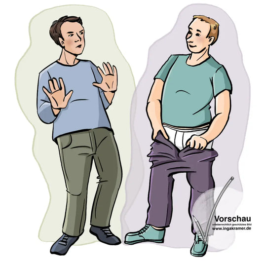 Zwei Männer. Ein Mann zieht sich die Hose herunter. Der andere Mann macht eine abwehrende Geste.