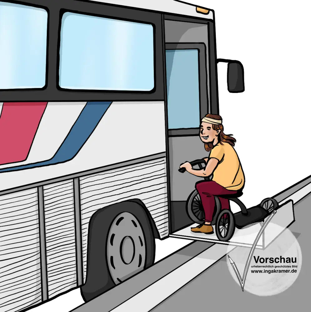 Eine Person im Rollstuhl fährt in einen Bus.