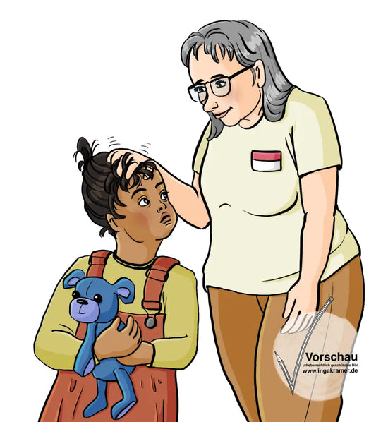 Eine Frau mit Namensschild wuschelt einem Mädchen durch die Haare.