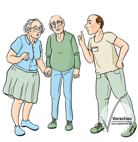 Ein älterer Mann und eine ältere Frau halten Händchen. Daneben steht ein Mann mit erhobenem Zeigefinger.