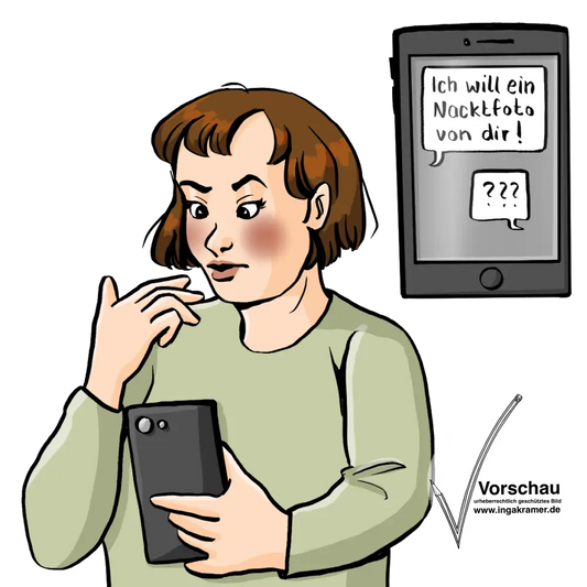 Eine Frau hält ein Handy in der Hand. Neben ihr ist das vergrößerte Handy mit der Nachricht: "Ich will ein Nacktfoto von dir."