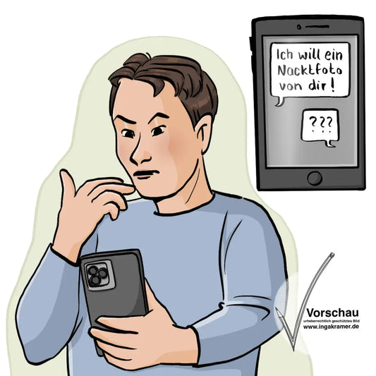 Ein Mann hält ein Handy in der Hand. Neben ihm ist das vergrößerte Handy mit der Nachricht: "Ich will ein Nacktfoto von dir."