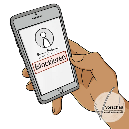 Eine Hand hält ein Handy in der Hand. Auf dem Display steht: Blockieren