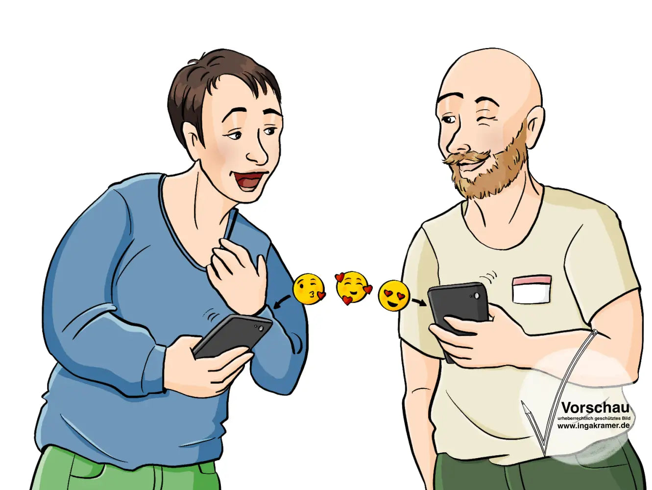 zwei Männer mit Handys in der Hand. Sie lächeln und zwinkern sich zu, zwischen den Handys sind Herzchen- und Kuss-Emojies.