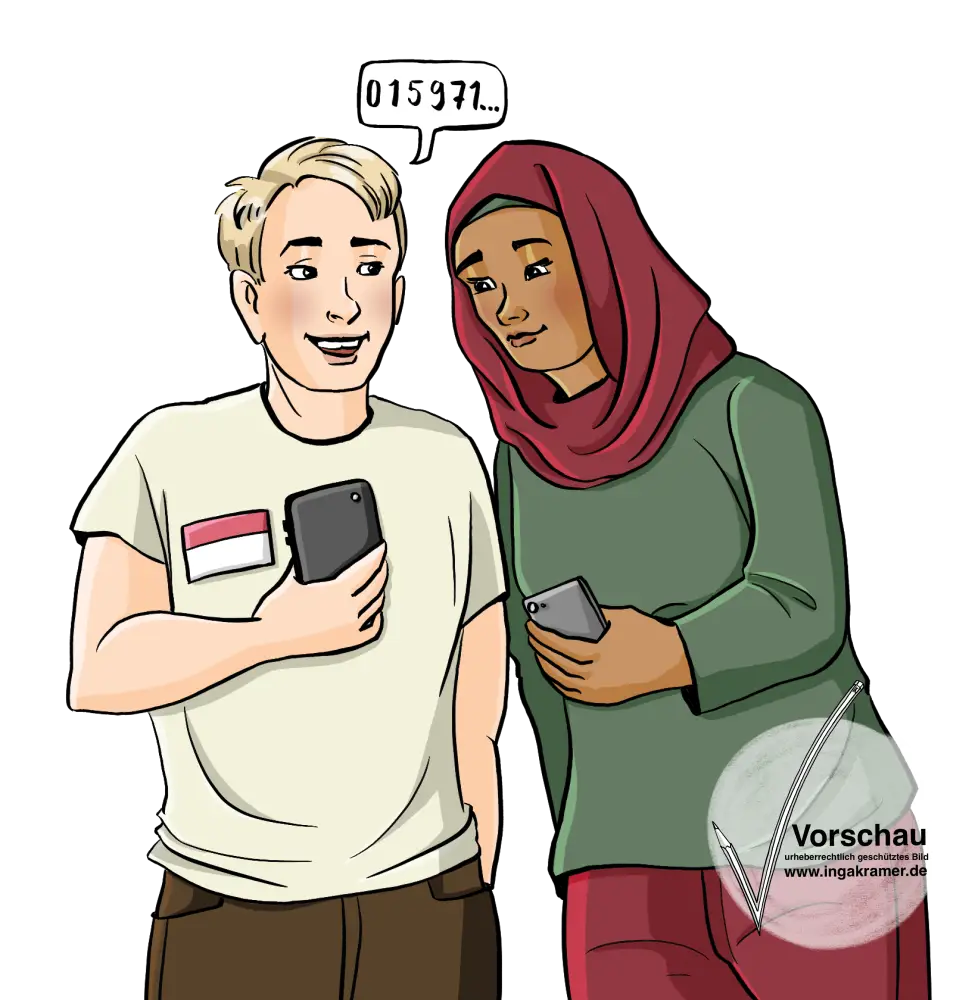 Ein Mann mit Namensschild und eine Frau stehen nebeneinander und halten Handys in der Hand. Über dem Mann steht in einer Sprechblase: 0175