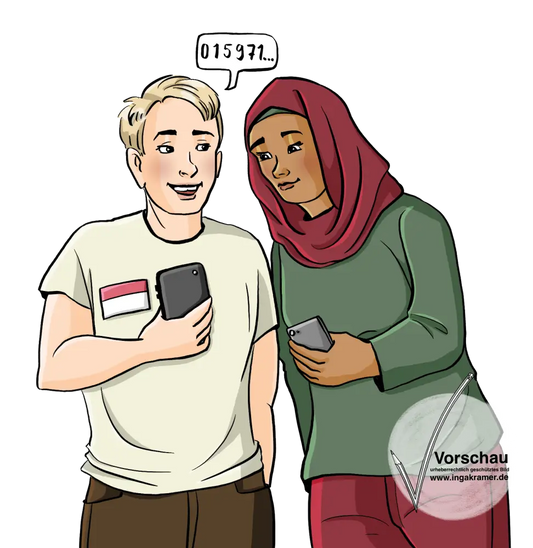 Ein Mann mit Namensschild und eine Frau stehen nebeneinander und halten Handys in der Hand. Über dem Mann steht in einer Sprechblase: 0175