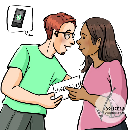 Ein Mann gibt einer Frau einen Zettel mit einer Nummer. In einer Sprechblase ist ein Handy.