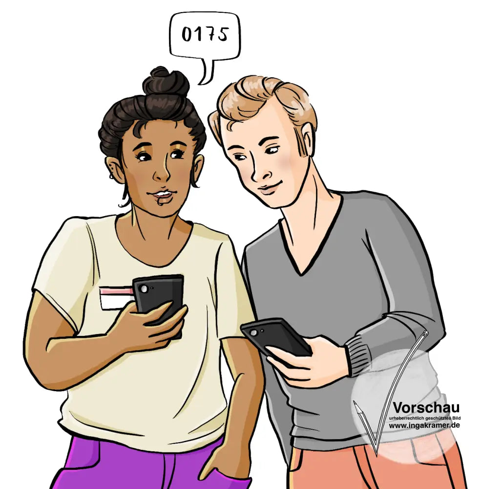 Ein Mann und eine Frau mit Namensschild stehen nebeneinander und halten Handys in der Hand. Über der Frau steht in einer Sprechblase: 0175