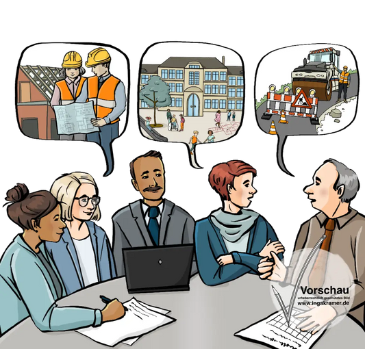 Eine Gruppe Menschen in förmlicher Kleidung sitzt an einem Tisch. In Sprechblasen sind Bauarbeiter, eine Schule und eine Baustelle.