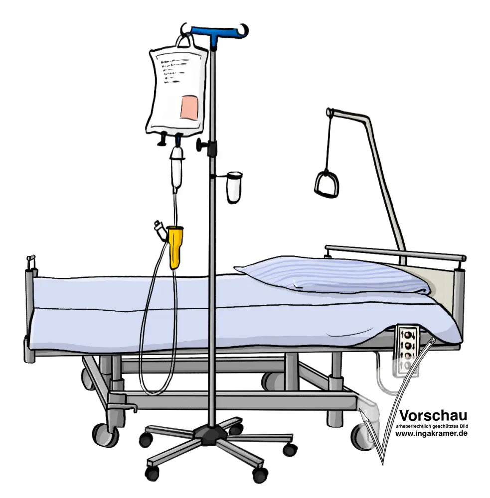 Ein Pflegebett und ein Infusionsständer.