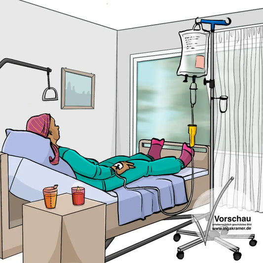 Eine Frau liegt in einem Pflegebett, neben ihr steht ein Infusionsständer.&nbsp;