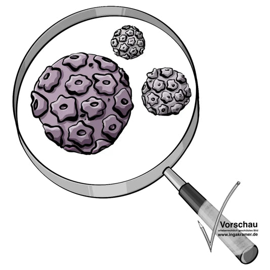 Eine Lupe, darunter Viruszellen