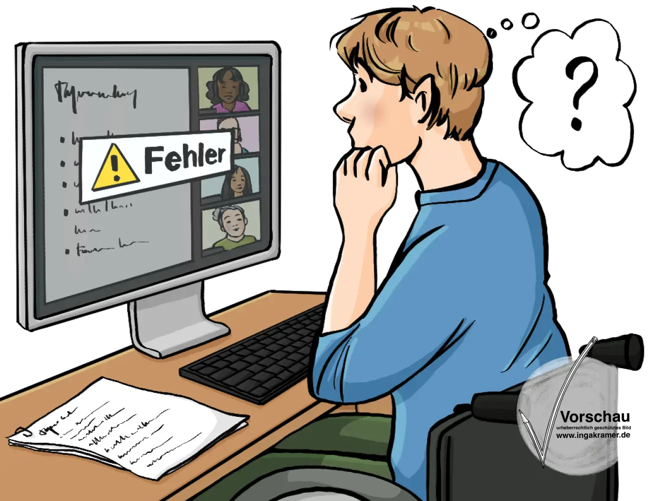 Eine Hand sitzt vor einem Computer. Auf dem Bildschirm ist ein gelbes Dreieck mit einem Ausrufezeichen. Daneben steht: Fehler.