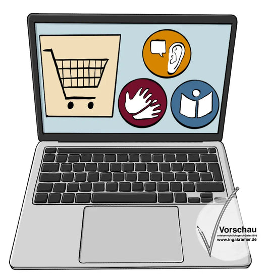 Ein Laptop. Auf dem Bildschirm sind Symbole: Ein Einkaufswagen, ein Ohr mit Sprechblase, zwei Hände und ein aufgeschlagenes Buch.