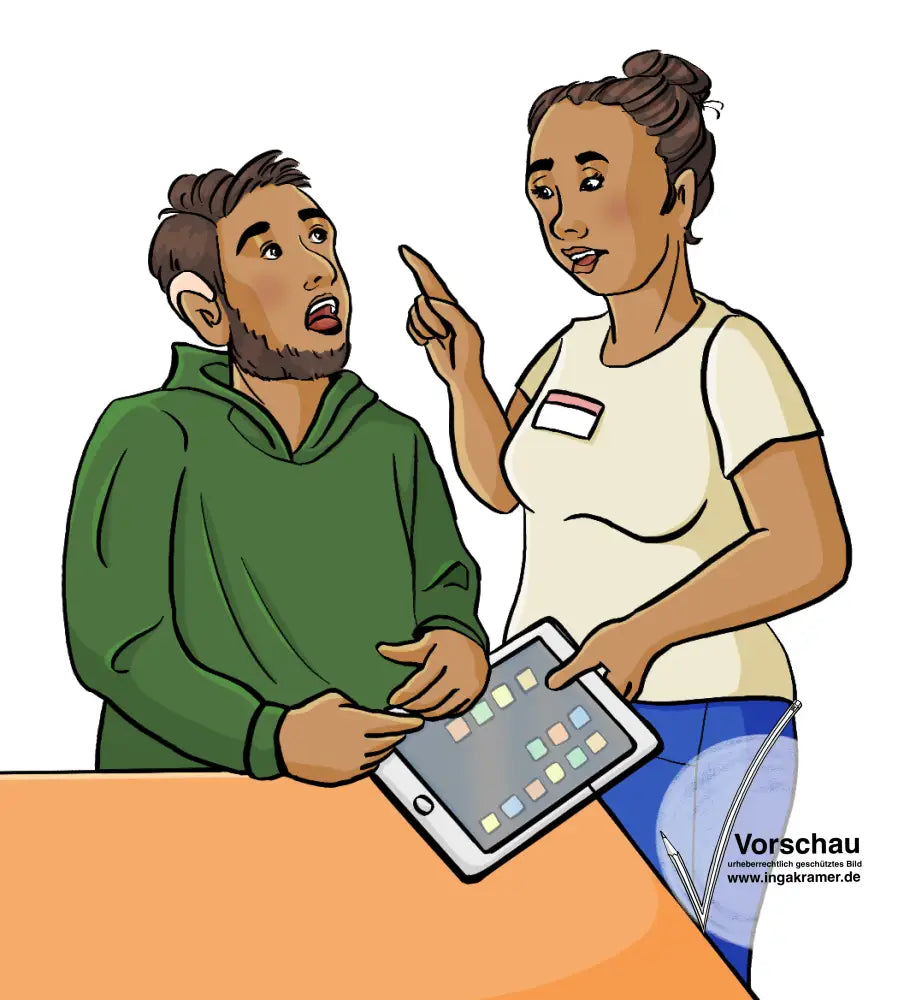 Eine Frau mit Namensschild nimmt einem Mann ein Tablet weg.